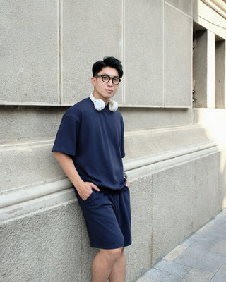 Set Áo Nỉ Nam Ngắn Tay + Quần Short Nỉ Nam - Màu Xanh Navy