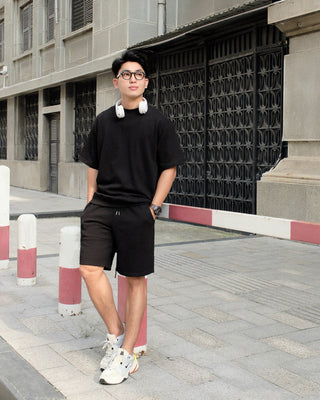 Set Áo Nỉ Nam Ngắn Tay + Quần Short Nỉ Nam - Màu Đen