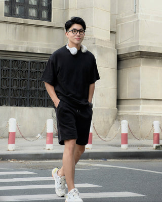 Set Áo Nỉ Nam Ngắn Tay + Quần Short Nỉ Nam - Màu Đen